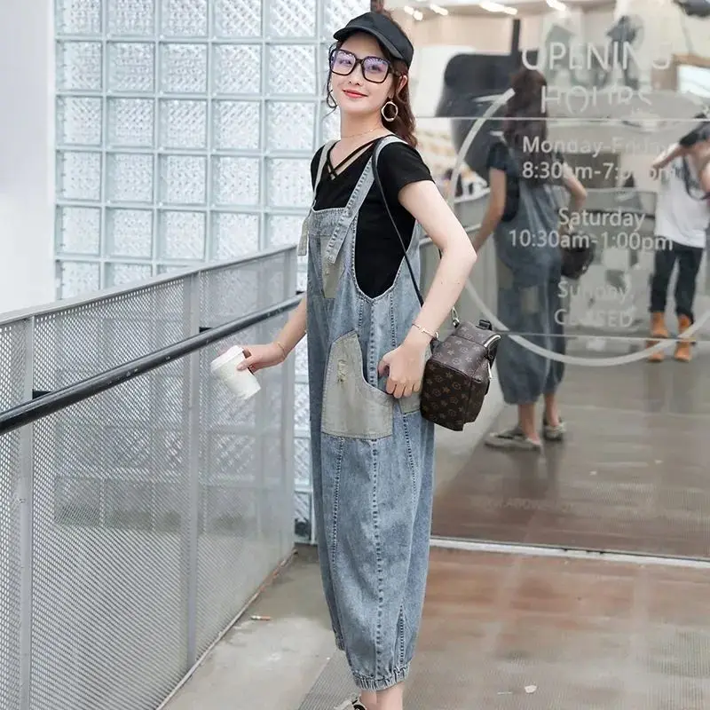 

Denim suspenders women's loose new slim one-piece Harem Pants in spring and summer 2021 Korean net red wide leg Capris