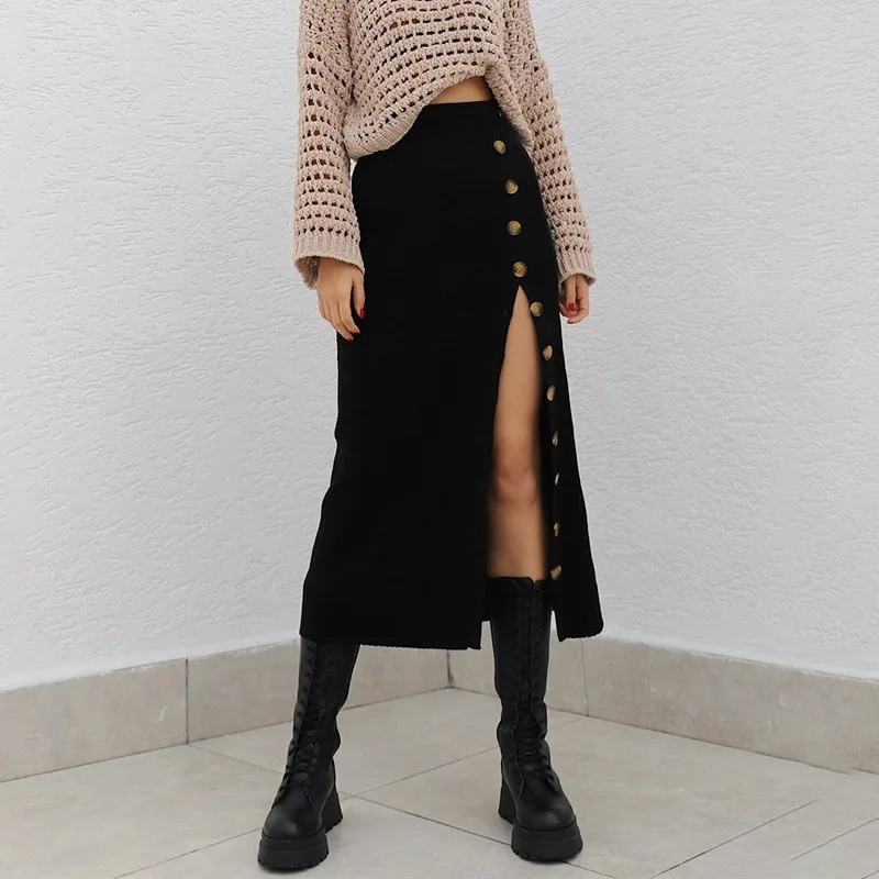 Элегантные длинные вязаные черные юбки женские весенние однотонные свитеры с