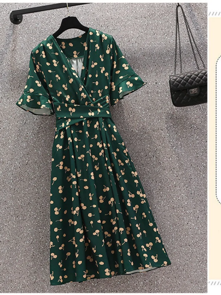 

Summer Plus Size Dress Fashion Ladies V-Neck Dress Floral Chiffon Loose Flare Sleeve Long Skirt Mori Fairy Dress Bowknot Lace