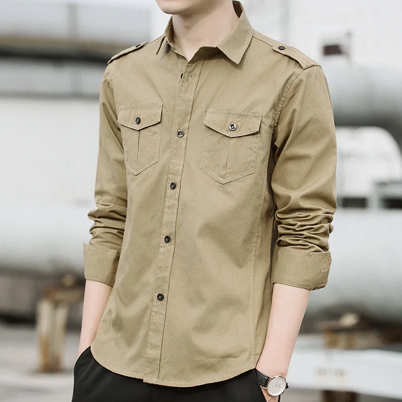 

Cotton Cargo Shirt Men Spring Long Sleeve Mens Fashion Work Shirts Casual Streetwear Slim Fit Shirt With Pocket