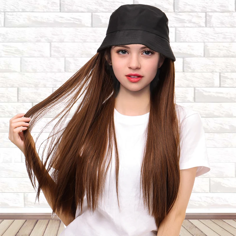 

Ladies synthetic hat wig black long straight. Light brown dark brown natural black brown black