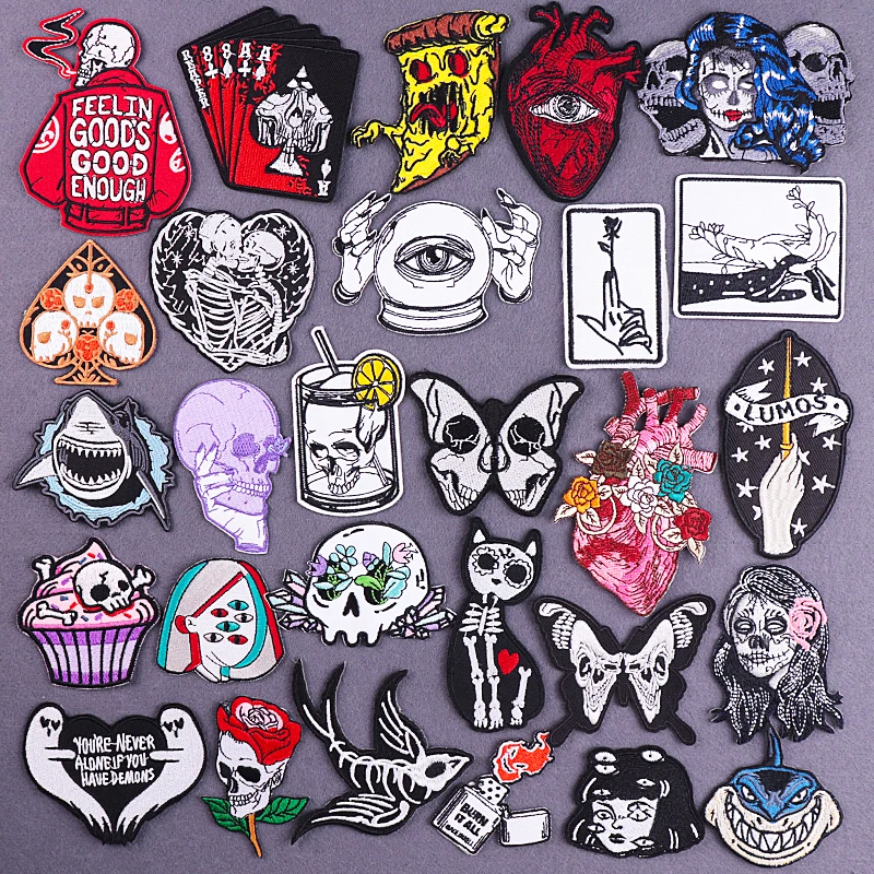 

Punk/Gothic Patch Iron On Patches On Clothes Embroidered Patches For Clothing Embroidery Patch Stickers Skull Applique Stripe