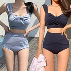 Женский раздельный купальник с высокой талией, однотонный раздельный купальник с эффектом пуш-ап, пляжная одежда, 2021