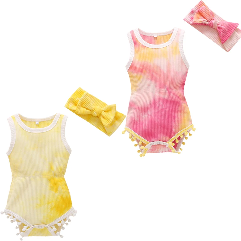 Комбинезон без рукавов для маленьких девочек + повязка на голову с бантом