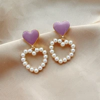 new korean white pearl heart drop earrings purple love dangle earrings elegant fashion women geometric party travel jewelry gift