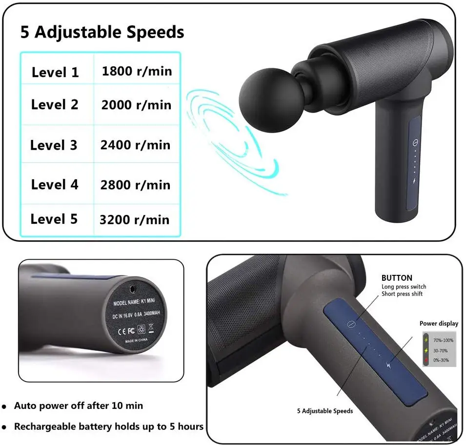 Массажный пистолет для мышц 5 скоростей массажер с 4 головками мощный