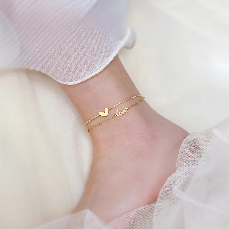 

18KGB Double Layer Love Heart Anklet Bracelet 316L Stainless Steel Anklet Sandals Foot Jewelry