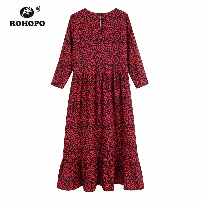 ROHOPO круглый воротник красный принт с животными длинный рукав черное платье миди