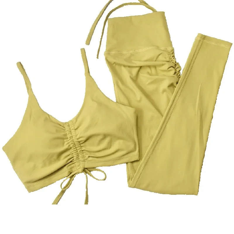 

CXUEY Fashion Bandage Yoga Sets Women Gym Clothes Jogging Workout Sport Clothes for Women Sportswear Fitness Suit Yellow Pink S