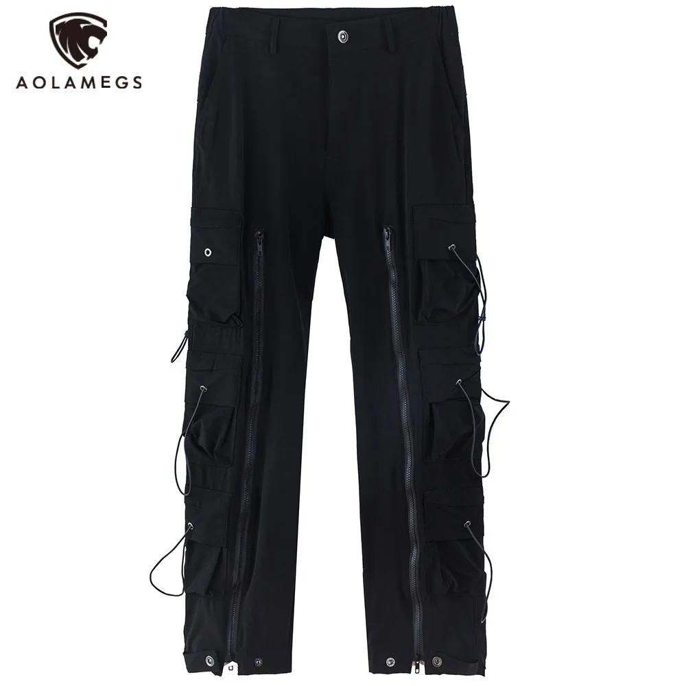 

Aolamegs Pants Men Drawstring Multi-Pocket Zipper Button Design Functional Trousers Punk Cool High Street Hipster Streetwear men