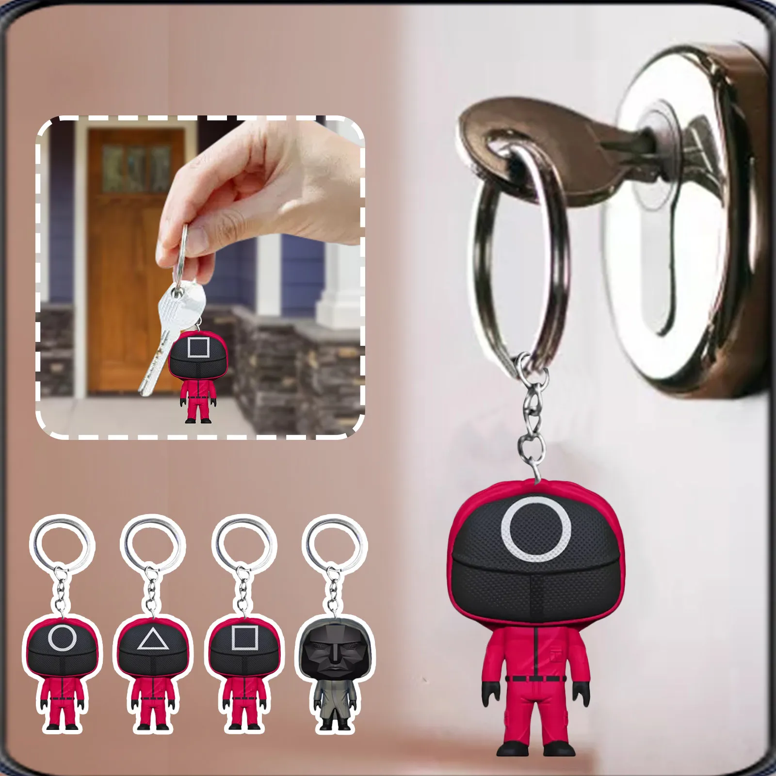 

Squid Game Keychain Soldier Spopular Triangle Series Creative 3d Mini Doll Figurine Key Ring Car Backpack Pendant Gift Ornament
