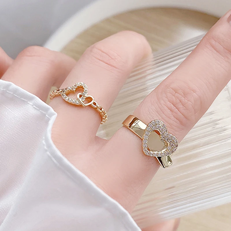 

2021 New Arrive Popular Design 14k Real Gold Romantic Heart Rings for Women Adjustable Open Advanced Jewelry Bling Zirconia Gift