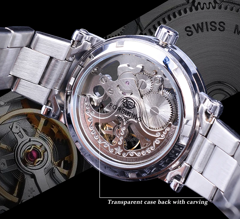 Forsining Fashion Silver Skeleton Wristwatch Black Red Pointer Stainless Steel Belt Waterproof Automatic Watches for Men | Наручные часы
