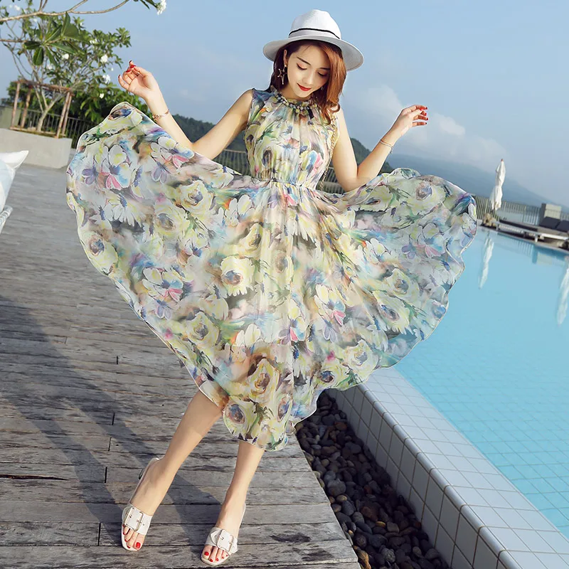 Летние Новые платья Макси YASUGUOJI для женщин без рукавов с цветочным принтом
