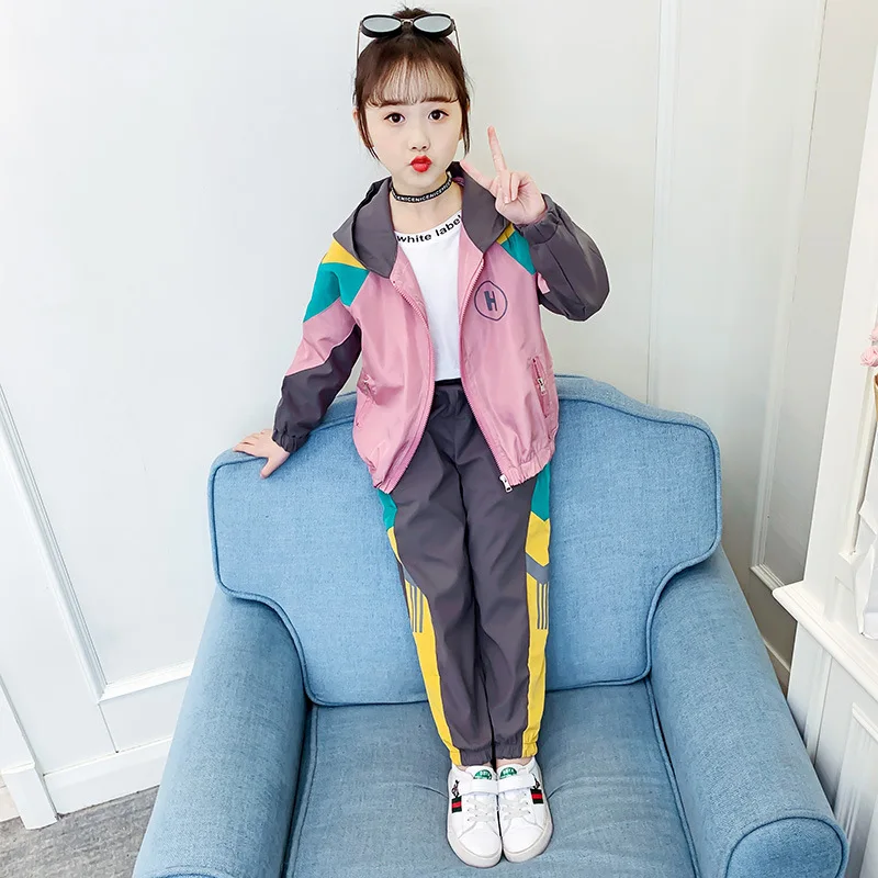 

Spring Autumn Kids Girls Kpop Sports Clothing Set Baby Colorblock Windbreaker Sportswear + Pants Youth School Uniform Tracksuit