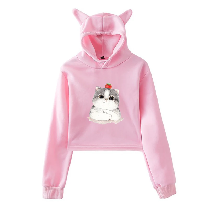 

Women's Hoodie Harajuku Casual Kawaii Print Anime Cat Ears Hoodie 90s Girls Gothic Cropped Streetwear Tops Women Sweatshirts