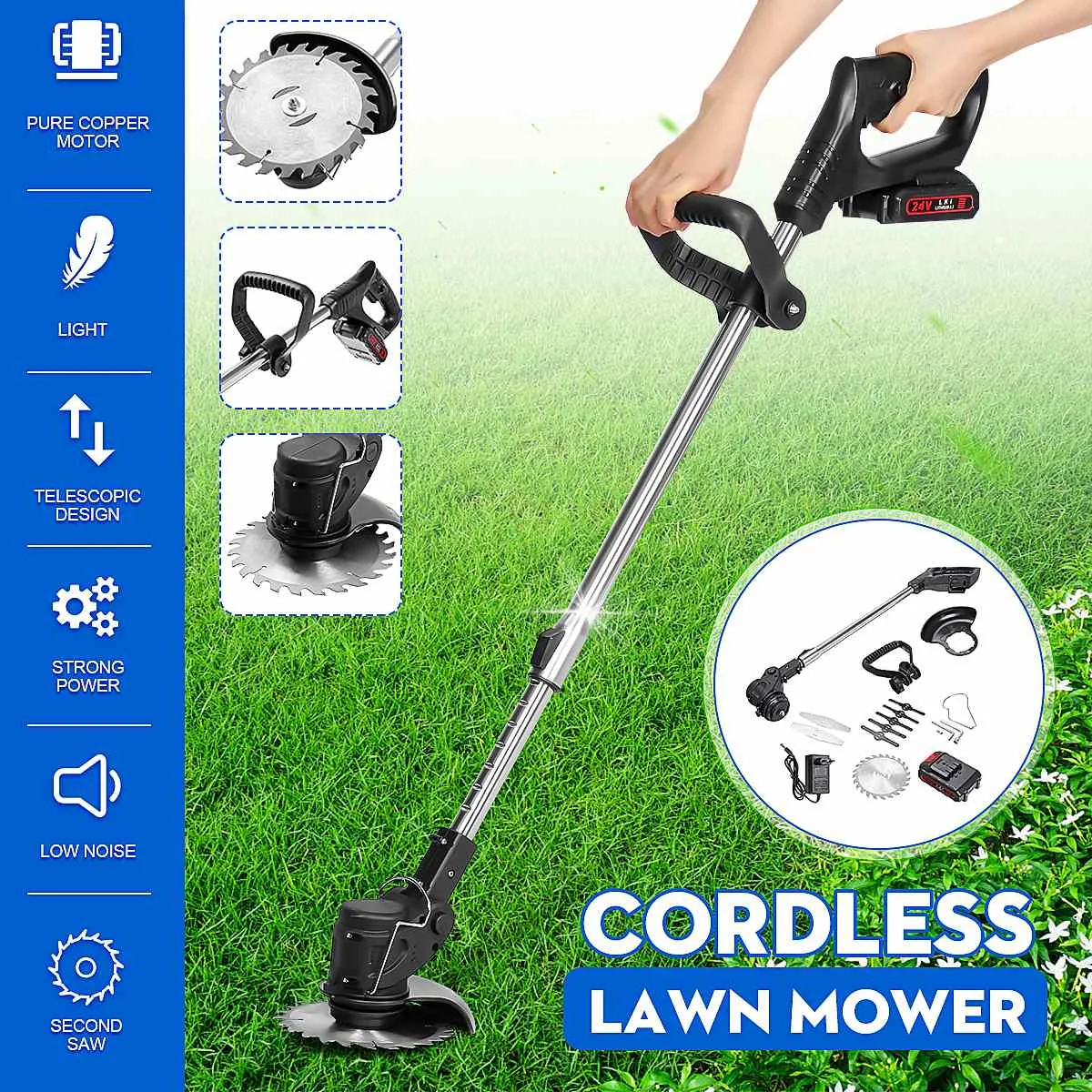 

24V Cordless Grass Trimmer Electric Powerful Lawn Mower Adjustable Garden Pruning Cutter Tools Garden Power Tool with 2Batteries