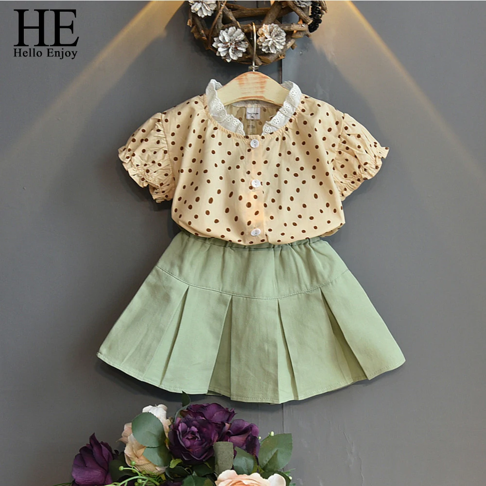 Фото Комплект одежды HE Hello Enjoy для маленьких девочек летний топ в горошек + юбка 2020 От 2