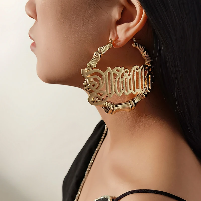 

Letters Bamboo Circle Earrings Female 2021 Niche Design Large Ring Earrings Exaggerated Personality Ins Runway Accessories
