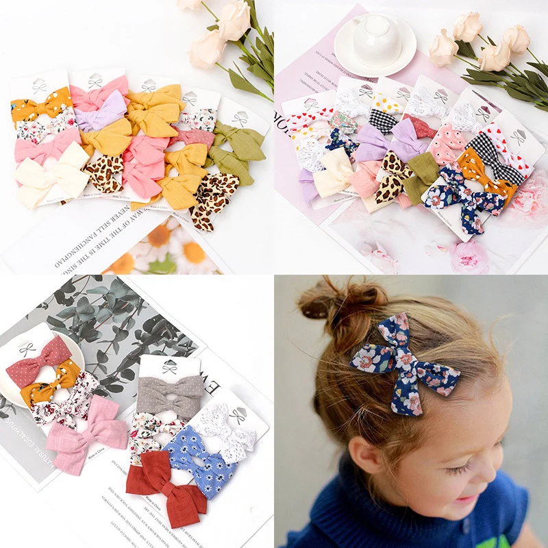 

4 Pcs/set Cute Girls Barrettes Safty Hairpins Cotton Linen Flower Printed Bowknot Hair Clips For Headwear Kids Hair Accessories