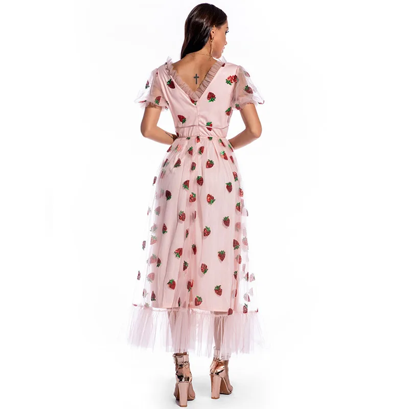 

Strawberry Sequins Dress 2021 Fashion New Women Summer Mesh Dresses V Neck Short Sleeve Lady Casual Dress