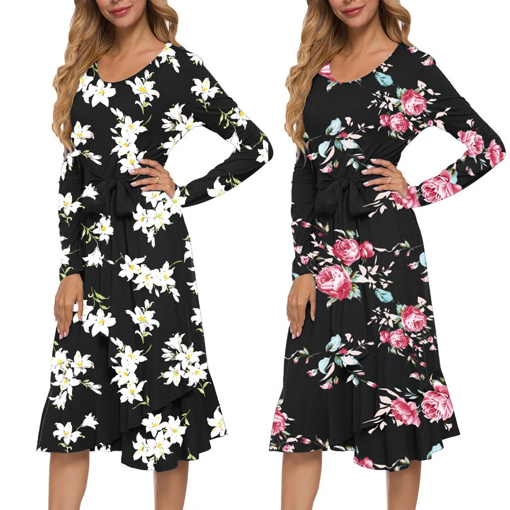 Женское платье с круглым вырезом и длинным рукавом Платья цветочным принтом