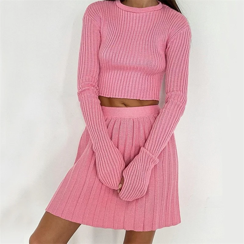

Fashion Two Piece Set Women Casual Clothing Knitted Long Sleeve Top Short Skirt Suits Autumn Winter Solid Ribbed Skinny Outfits