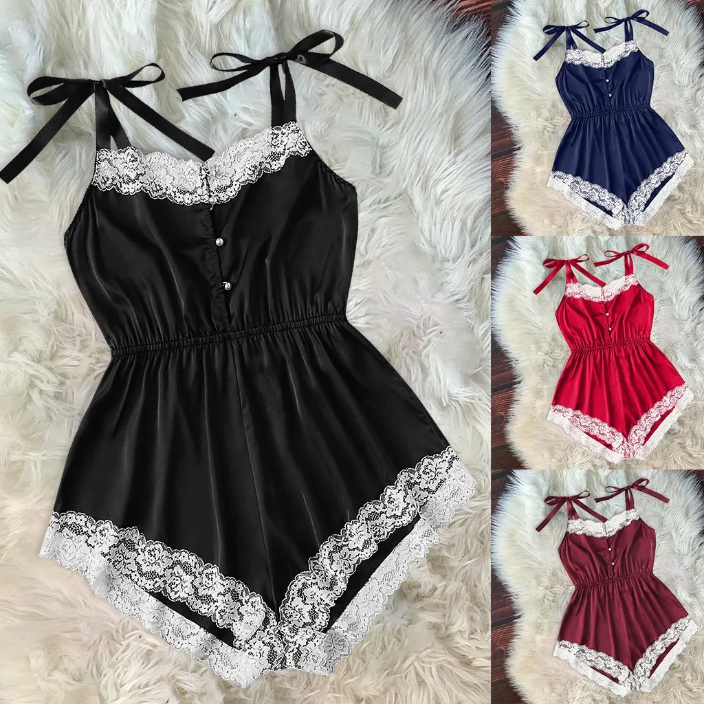 

Ladies New One Piece Lace Pajamas Fashion Sexy Leotards Lace Satin Silk Pajamas Satin One Piece Lace Pajamas Q6