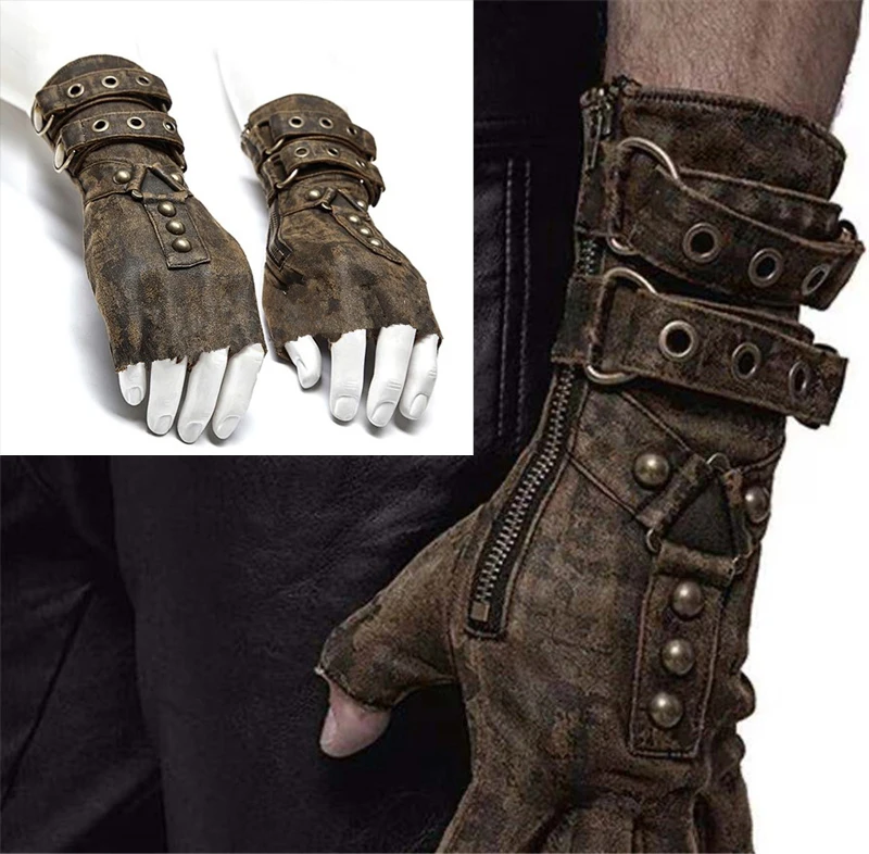 

Medieval Cosplay Accessories Viking Hunter Gloves Retro Men Steampunk Pu Leather Renaissance Rivet Armguard Gloves Belt Buckle