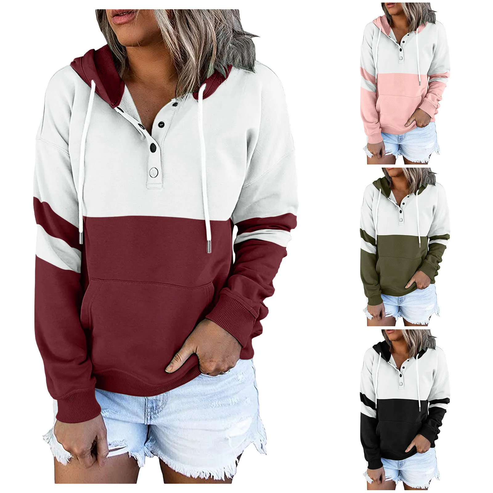 

2021 Women Hoodies Harajuku Solid Patchwork Long Sleeve Hooded Sweatshirt Autumn Winter Casual Oversized Female Tracksuit
