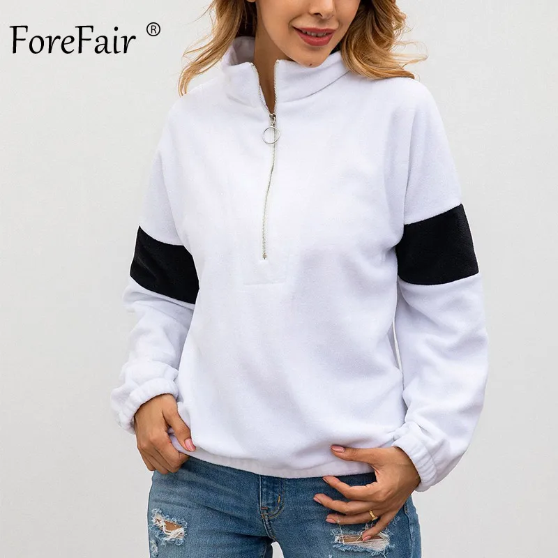 Forefair/флисовая водолазка на молнии; женские осенние Топы с длинными рукавами; Повседневная зимняя толстовка с капюшоном в стиле пэчворк