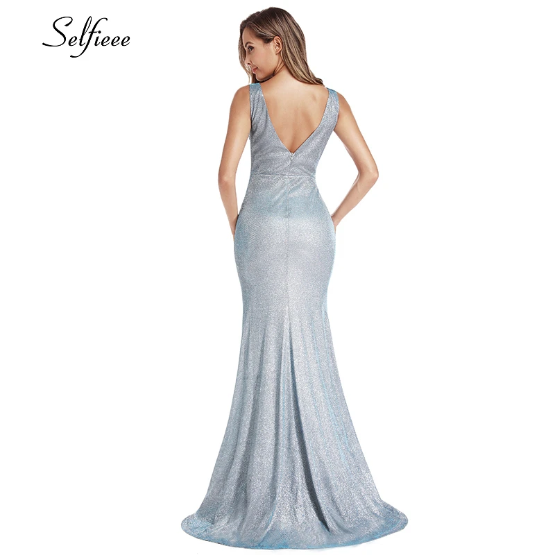 Женское блестящее платье-русалка без рукавов облегающее синее платье-макси со