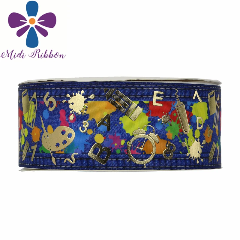 

3"75mm Back to Scholl Series Gold&Rainbow Foil Jeans Printed Grosgrain Ribbon DIY Party Decor Gift Packing 50yards/roll
