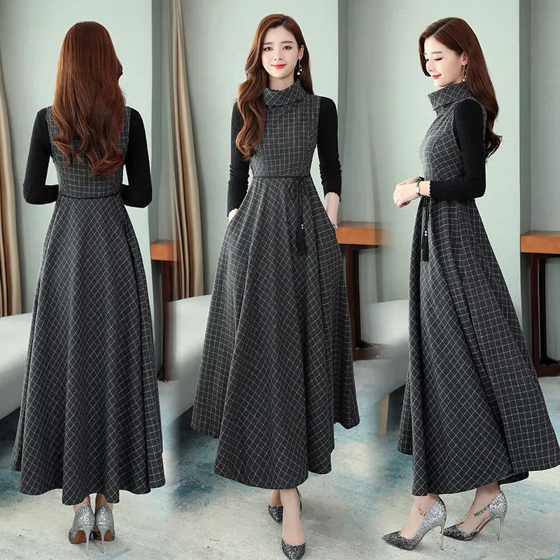 

Autumn Winter New Plaid Striped Retro Woolen Skirt Turtleneck Dresses for Women Vestido De Mujer