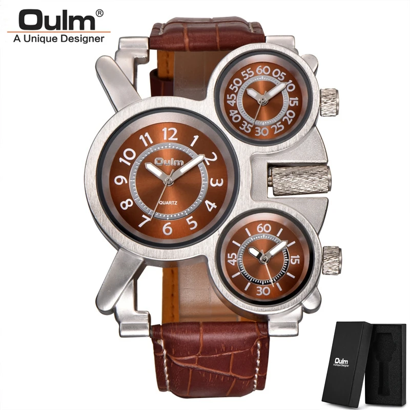 

Oulm Dropshipping Men Watches 3 Time Zone Clock Outdoor Travel Casual Wristwatch Luxury Brand Male Leather Watch