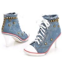 sexy fashion casual women pumps ladies wedding women shoes denim lace up ankle strap 6 8cm thin high heels pointed toe rivet