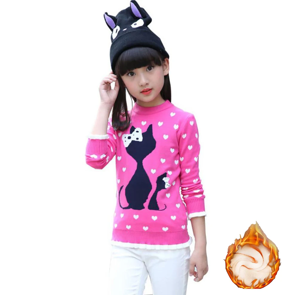 

Girls winter velvet sweater kids Warm Pullovers plush inside Knitted sweaters Loose jacket 4-13T teenage cartoon O-neck sweaters