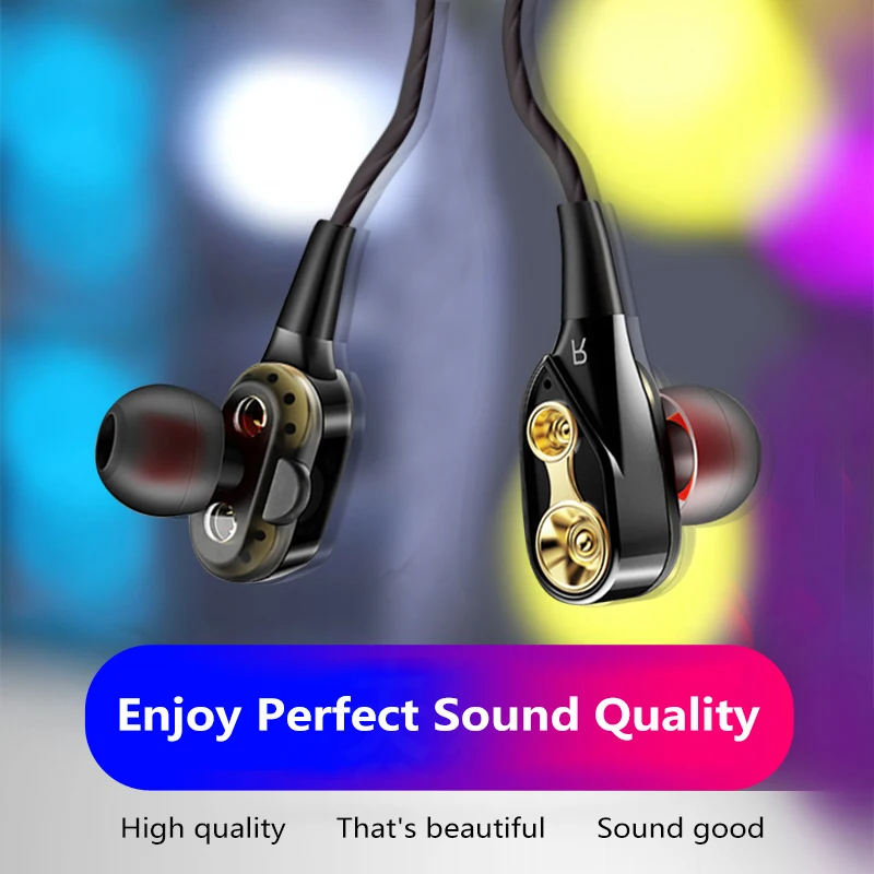 

Wired Earphone Dual-Dynamic Quad-core Speaker 3.5mm Music Headset Sport Earbuds Earphone With Mic Work For IPhone Samsung Xiaomi