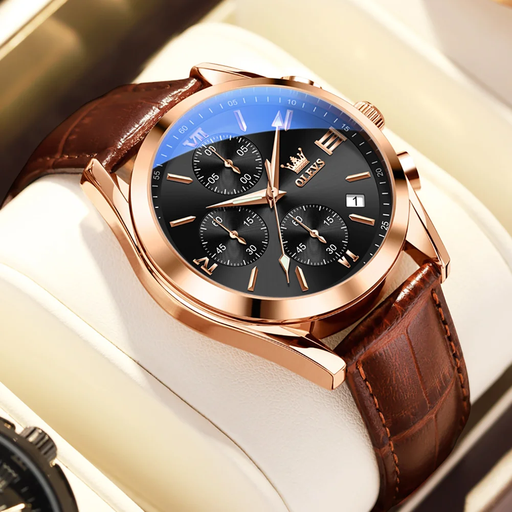 

Часы наручные мужские кварцевые Многофункциональные, оригинальные Роскошные модные водонепроницаемые брендовые, с кожаным ремешком