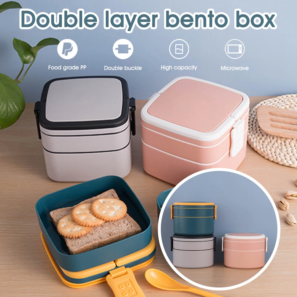 

1pcs Stackable Bento Lunch Box With Handle 2-Tier Lunch Container Microwave Safe Heat With a Spoon 3 Colors Square And Circle