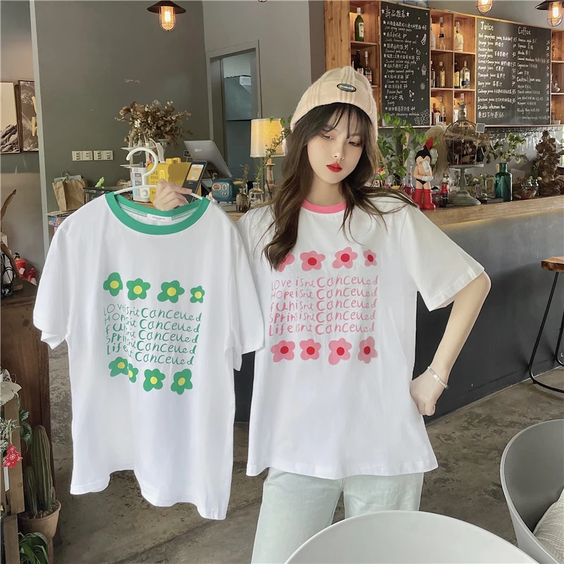 

Summer 2021 new all-match loose flower print t-shirt female round neck fashion niche high-end trendy cool commuting