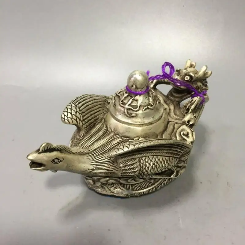 

Chinese Old Tibetan Silver Hand Carved Dragon Phoenix Teapot W Qianlong Mark