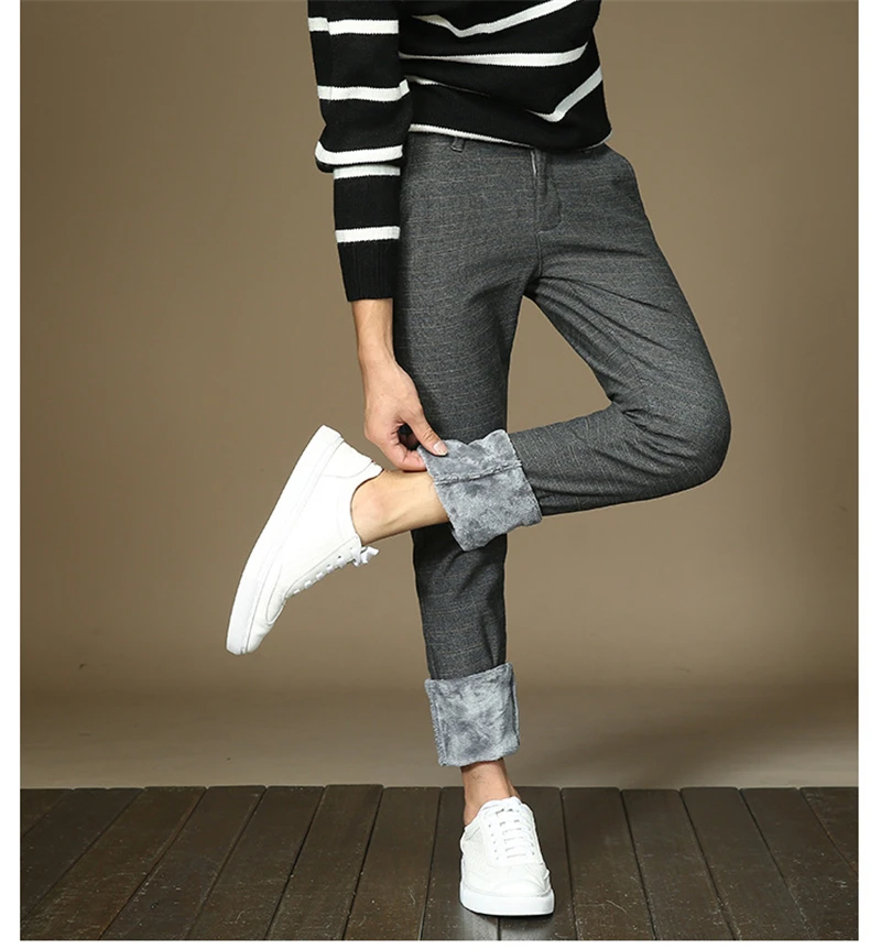 Mens Winter Fleece Warm Pants Men Korean Casual Slacks Slim Warm Thick Pants for Men Fashion Black Gray Blue Trousers Male,688