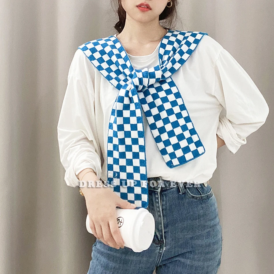 

Korean Fashion Checkerboard Woolen Knitted Warm Shawl Winter Female Blouse Shoulders Fake Collar Cape Knotted Scarf Clash Color