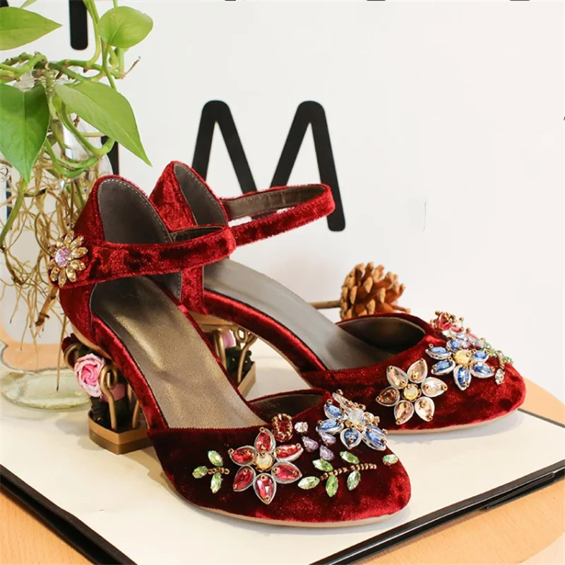 Women Sandals Vintage Wedding Bird Cage Hollow Metal High Heel Rhinestone Velvet Ladies Shoes Buckle Flock Sexy Sandalias Mujer