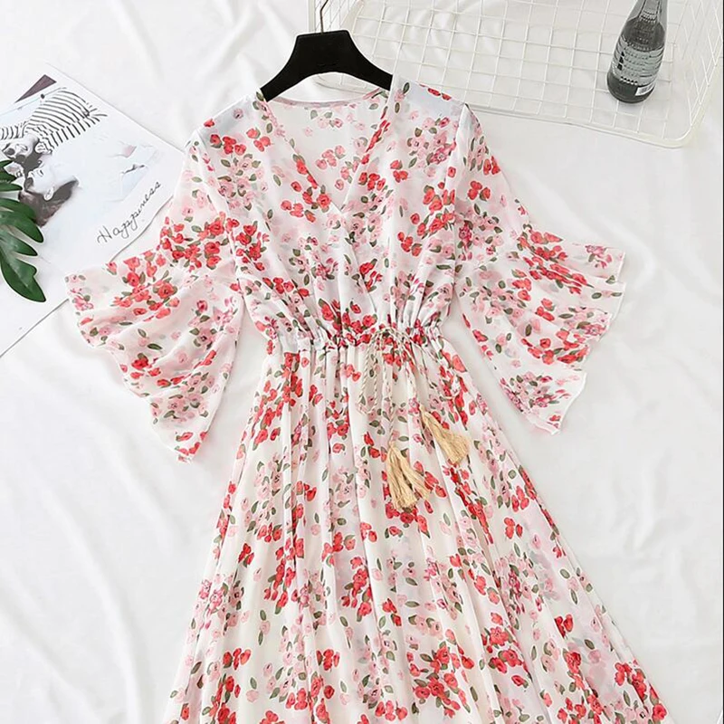 Женское шифоновое платье с цветочным принтом летнее трапециевидной формы
