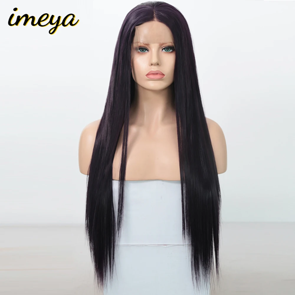 Imeya 150% плотность шелковистые прямые синтетические парики на кружеве фиолетового цвета термостойкие парики с натуральной частью парик для женщин