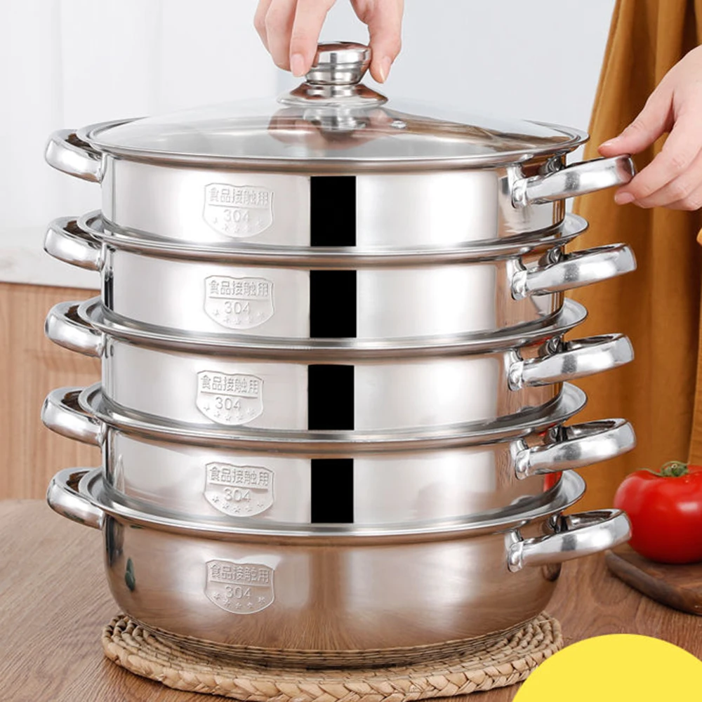 

Double Boilers Steamer Pot 304 Stainless Steel Soup Pot Steamer Household Pan 2-5 Layer Pot With Thickened Bottom Steaming