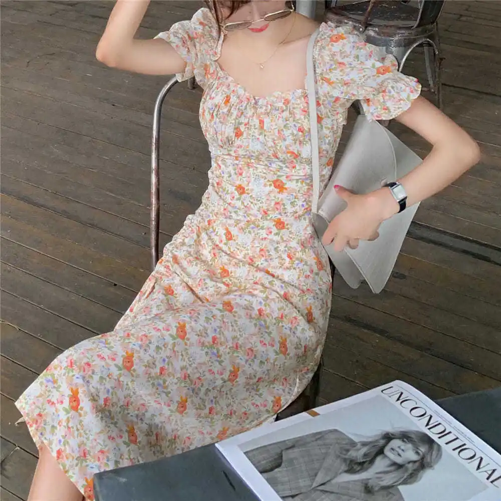 

Spring/summer 2021 square lace dress short sleeve French sweet orange floral bubble sleeve long skirt female
