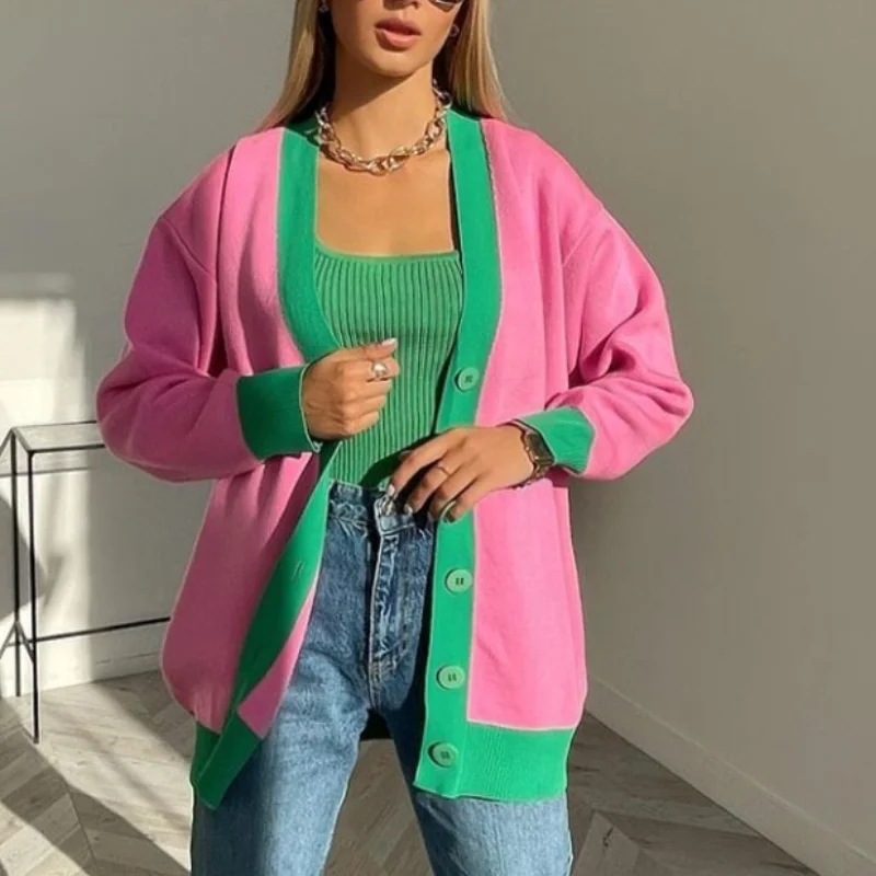 

Knitted Cardigan Women Patchwork Sweater Oversized Winter Women Sweater Cardigan Casual Long Sleeve Jumpers Pull Femme 2021